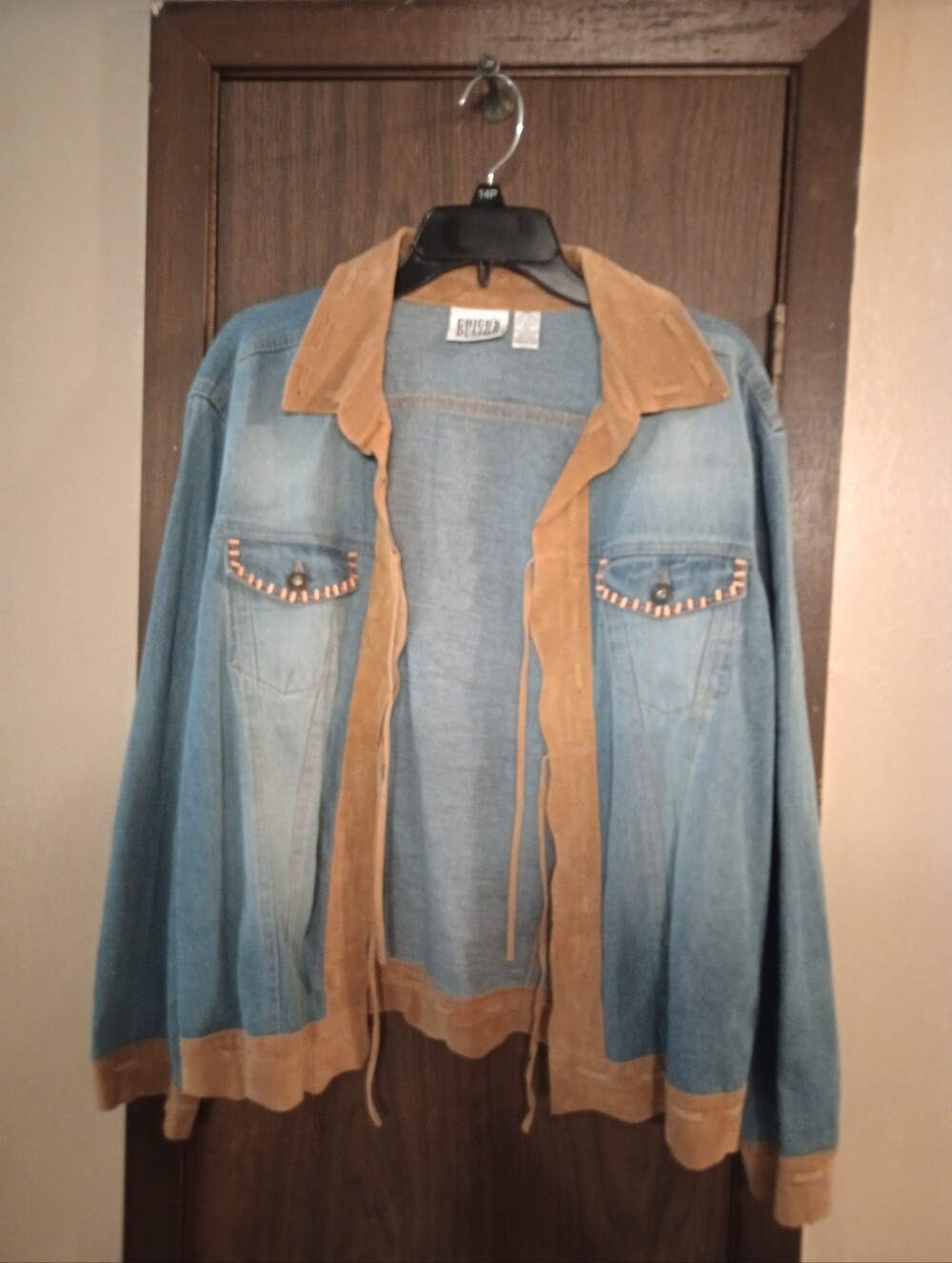 Chico's Designs Distressed Denim Leather Trim With Beaded Accents Jacket